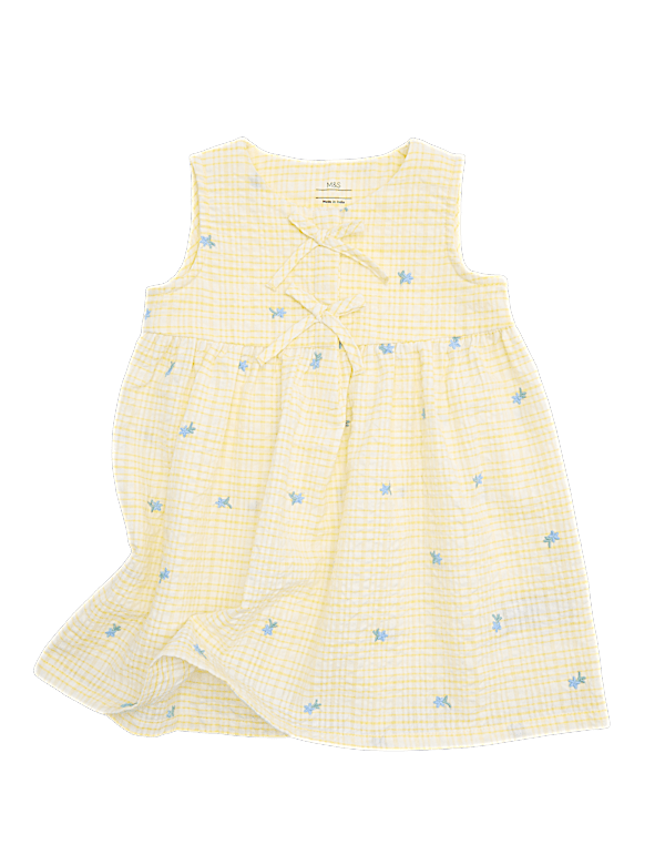 Pure Cotton Gingham Floral Dress with Bows (0-5 Yrs)