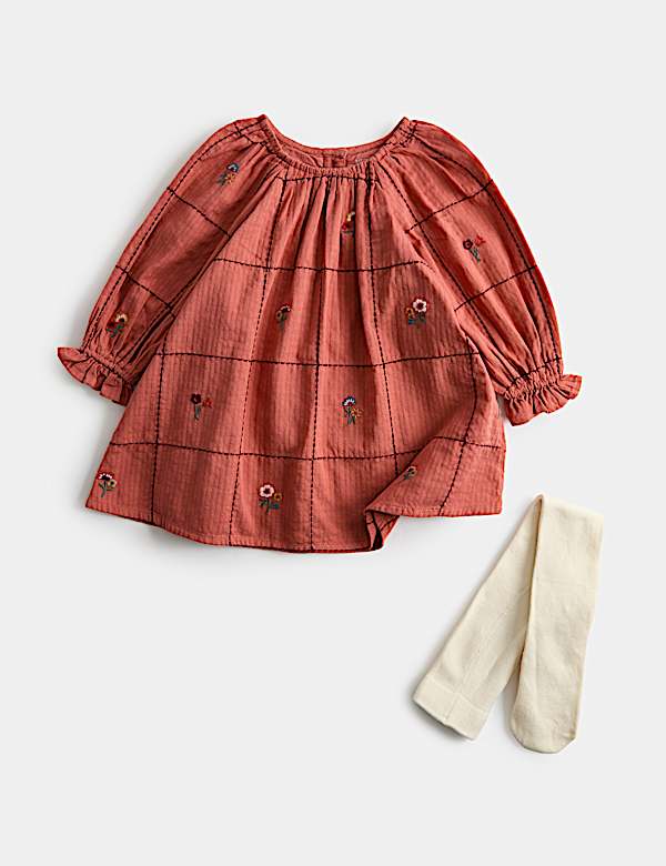 Pure Cotton Embroidered Dress with Tights (0-5 Yrs)