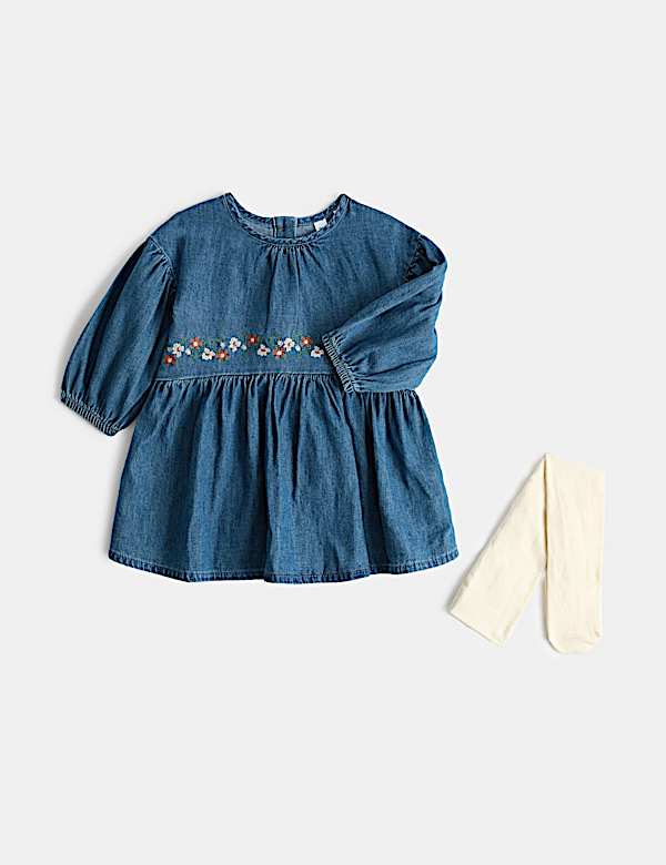 Cotton Rich Embroidered Dress with Tights (0-5 Yrs)