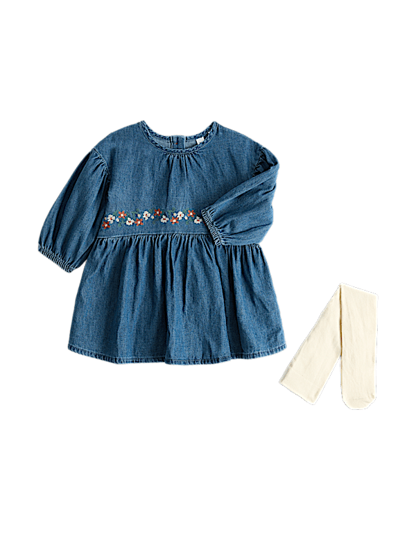 Cotton Rich Embroidered Dress with Tights (0-5 Yrs)
