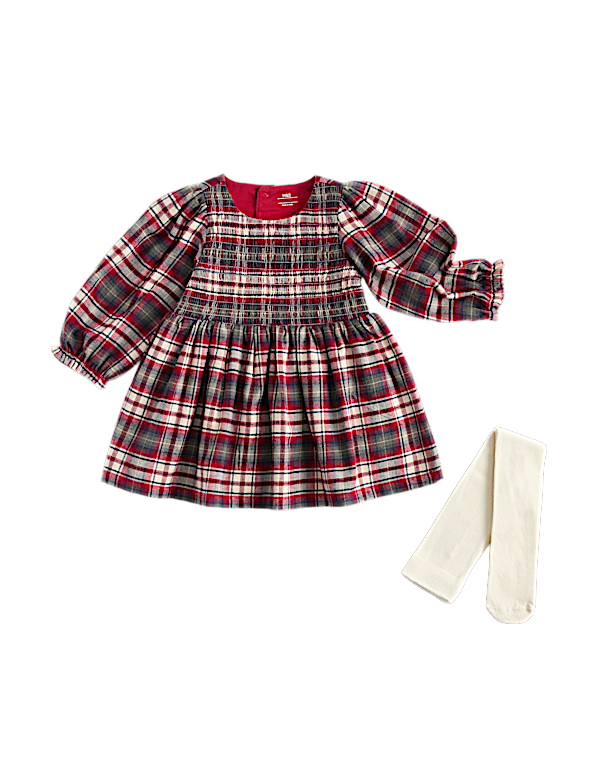 2pk Pure Cotton Checked Dress with Tights