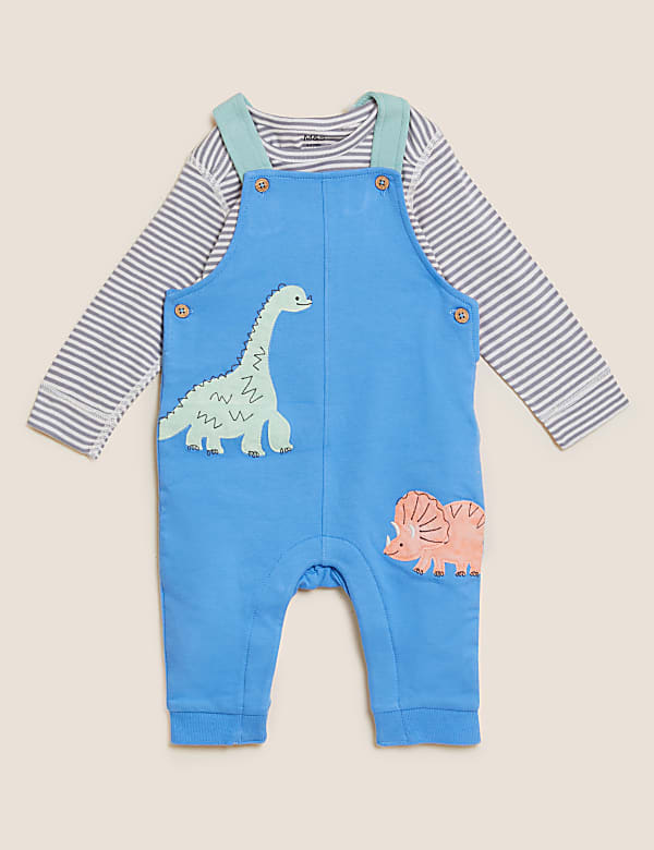 Ensemble 2&nbsp;pièces en coton avec salopette à motif dinosaure (jusqu’au 3&nbsp;ans) - BE