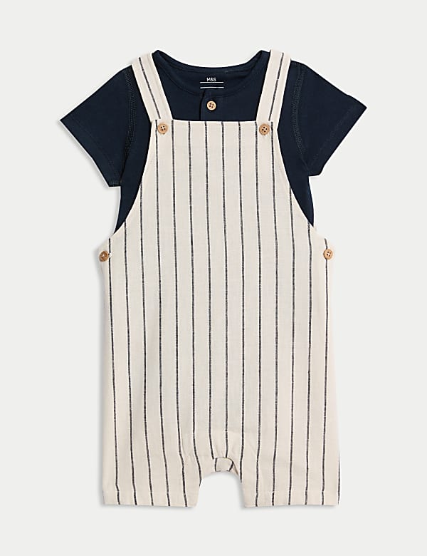 2-tlg. Outfit aus Baumwollleinen mit gestreifter Latzhose (0–3 J.) - DE