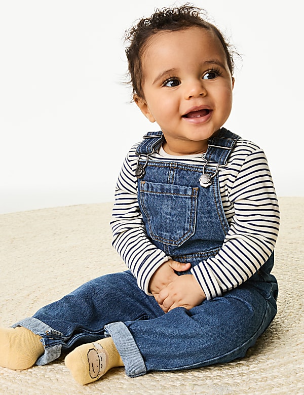 2pc Pure Cotton Outfit 0 3 Yrs DARK DENIM Dungarees M S JE