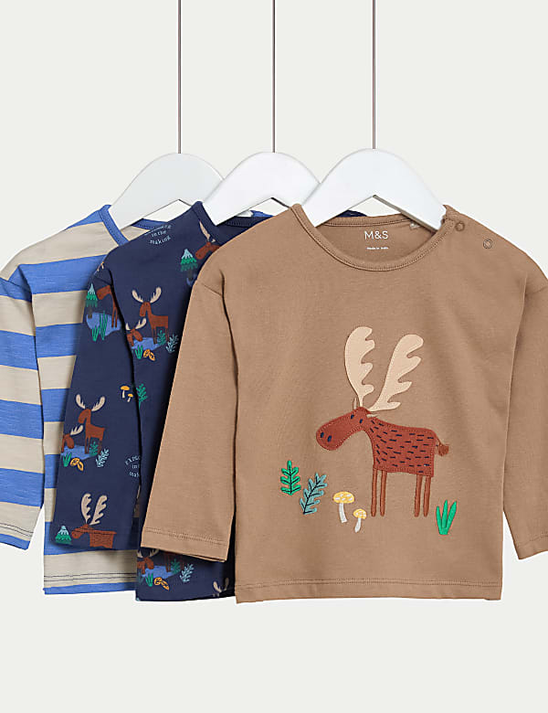 3pk Pure Cotton Moose & Striped Tops (0-3 Yrs) - MV