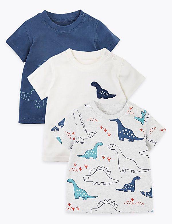 3 Pack Cotton Dinosaur Print T-Shirts (0-3 Yrs)