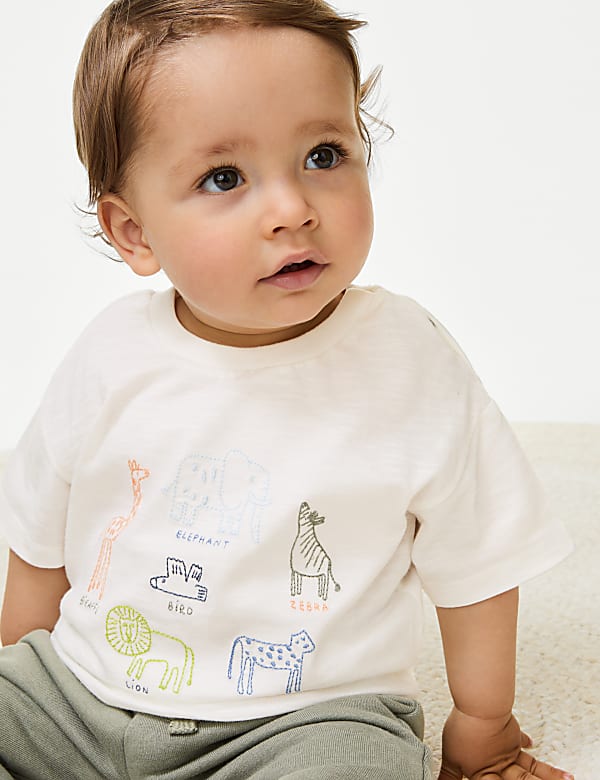 2pc Cotton Rich Embroidered Animal Outfit (0-3 Yrs)