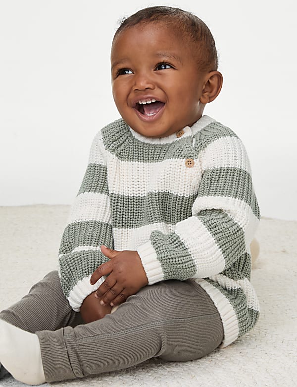 Pure Cotton Striped Knitted Jumper 0 3 Yrs GREEN MIX Jumpers M S BN