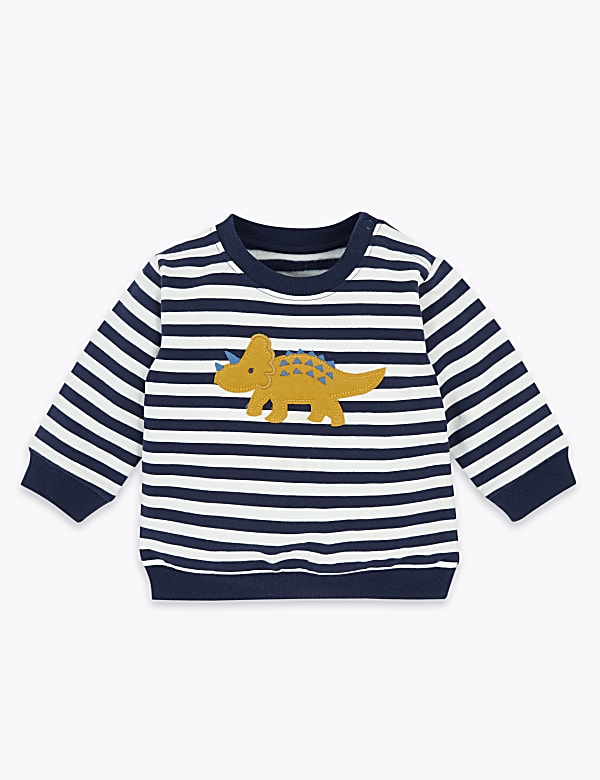 Cotton Dinosaur Appliqué Striped Sweatshirt