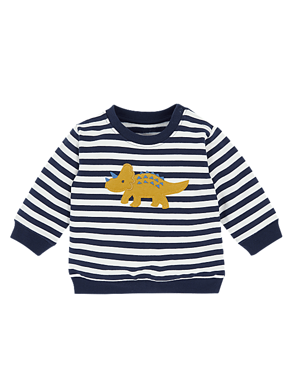 Cotton Dinosaur Appliqué Striped Sweatshirt