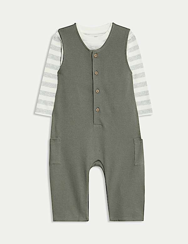 2pc Pure Cotton Waffle Dungaree Outfit (0-3 Yrs) - NL