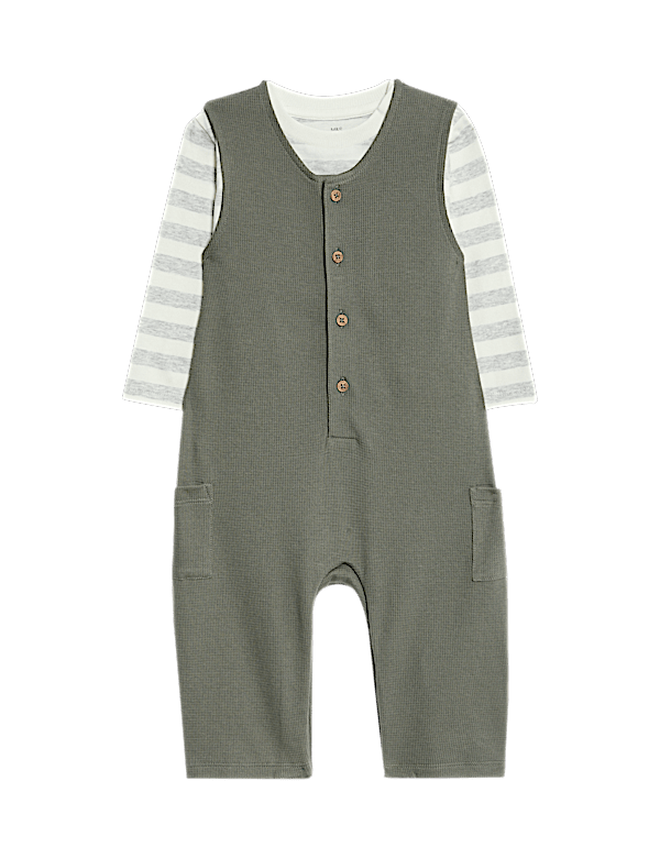 2pc Pure Cotton Waffle Dungaree Outfit (0-3 Yrs)