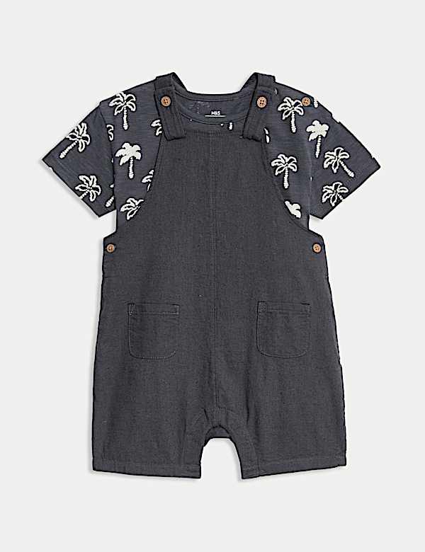 Ensemble 2&nbsp;pièces avec salopette 100&nbsp;% coton à motif palmier (jusqu’au 3&nbsp;ans) - BE