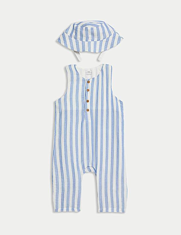 2pc Pure Cotton Blue Striped Romper Outfit (0-3 Yrs) - IS