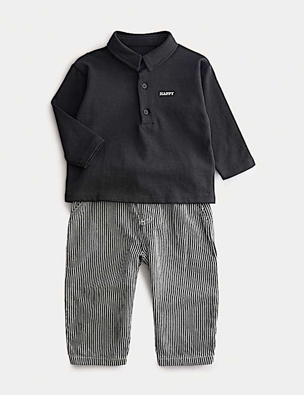 Pure Cotton Long Sleeve Polo Shirt & Trousers Outfit (0-3 Yrs) - RS
