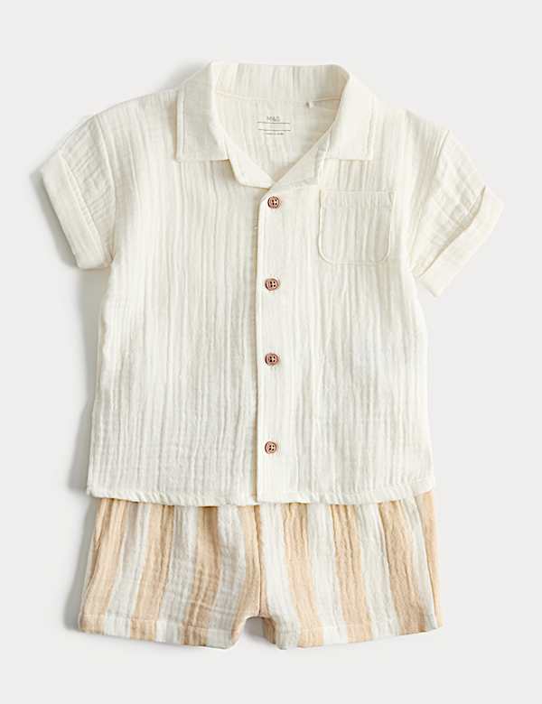 2 Piece Double Cloth Shirt and Striped Shorts Outfit (0-5 Years)