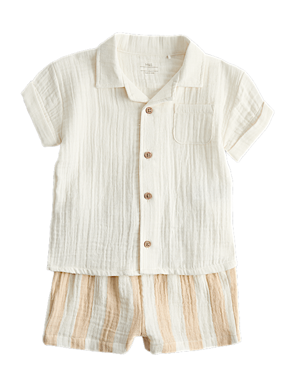 2 Piece Double Cloth Shirt and Striped Shorts Outfit (0-5 Years)