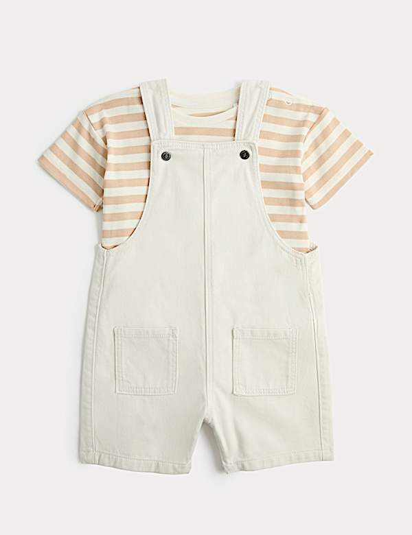 Ecru Denim Dungarees & Striped Tee Outfit (0-3 Yrs)