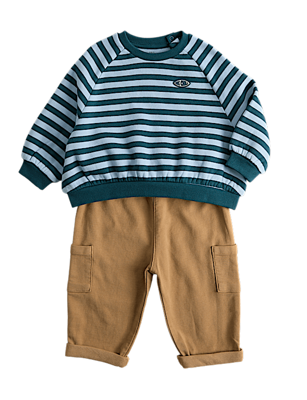 Cotton Rich Striped Slogan Sweatshirt with Chinos Outfit (0 Mths-5 Yrs)