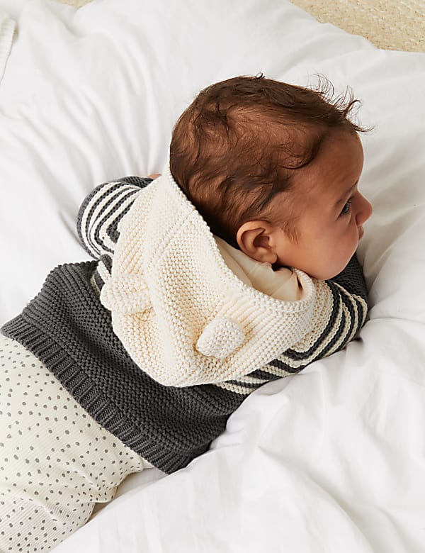 Pure Cotton Knitted Chunky Striped Cardigan (0-3 Yrs)