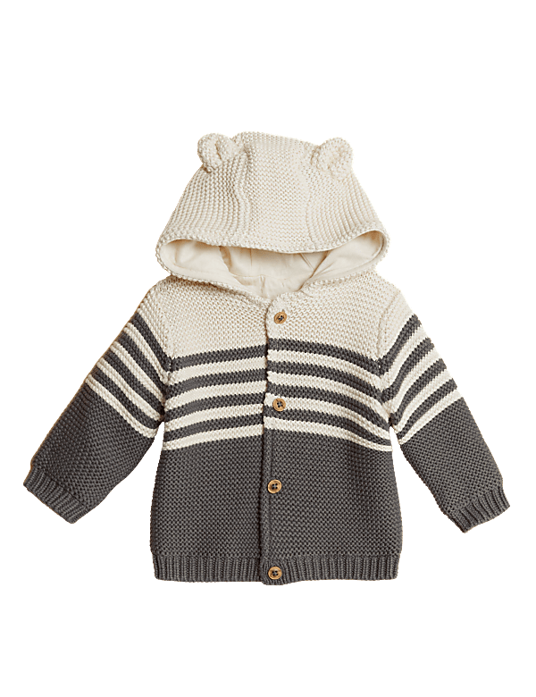 Pure Cotton Knitted Chunky Striped Cardigan (0-3 Yrs)
