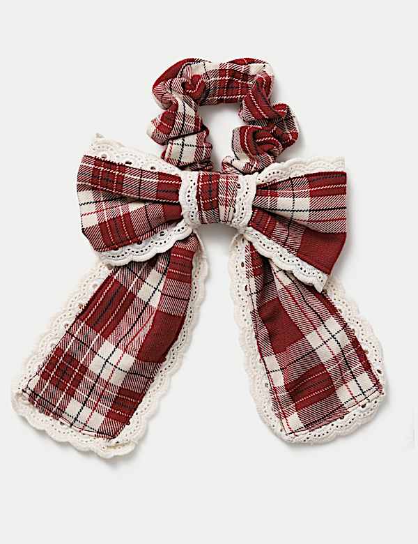 Checked Lace Trim Bow Scrunchie - RS
