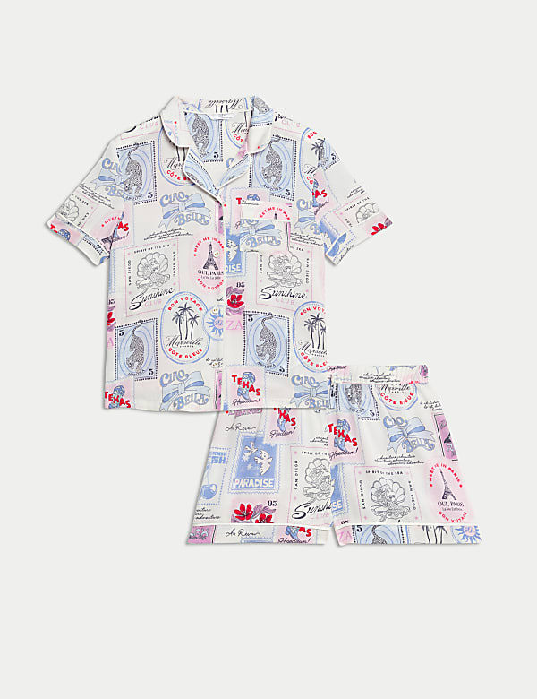 Satin Postcard Print Revere Pyjamas (3-16 Yrs)