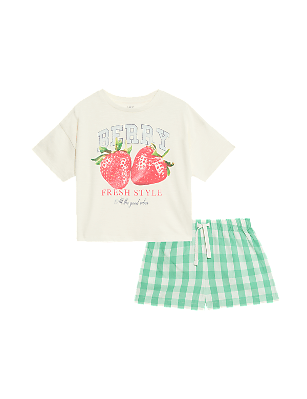 Pure Cotton Strawberry & Checked Pyjamas (3-16 Yrs)