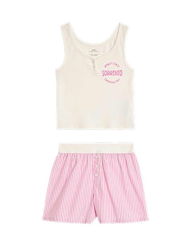 Cotton Rich Printed Striped Short Pyjamas (6-16 Yrs)