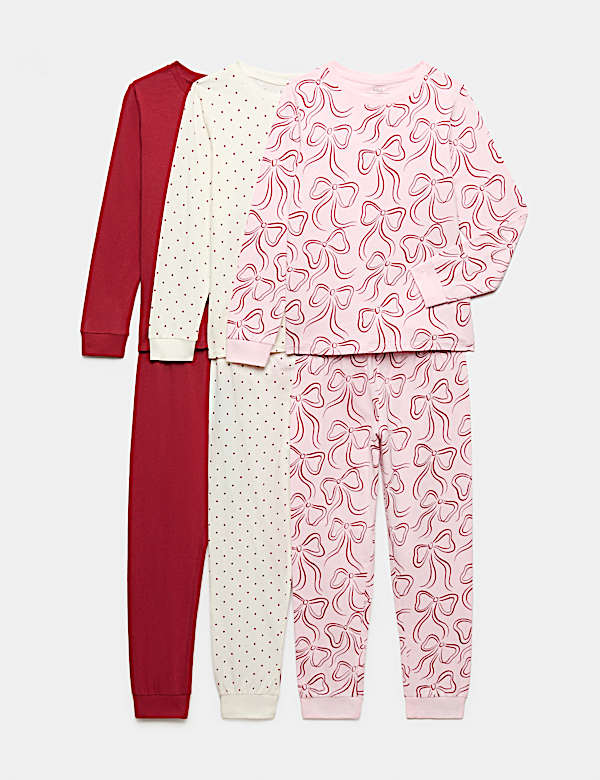 3 Pack Pure Cotton Bow Print Pyjama Sets (1-16 Yrs)