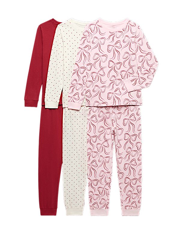 3 Pack Pure Cotton Bow Print Pyjama Sets (1-16 Yrs)