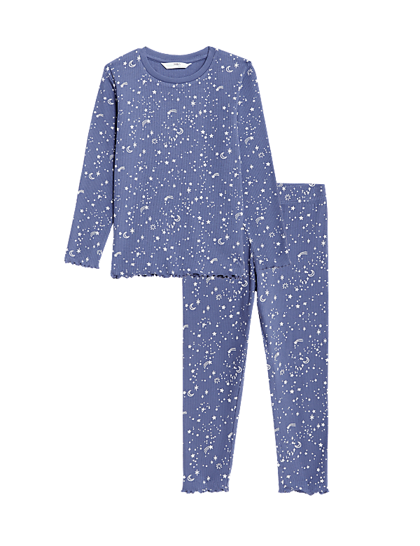 Cotton Rich Ribbed Star Print Pyjamas (1-8 Yrs)