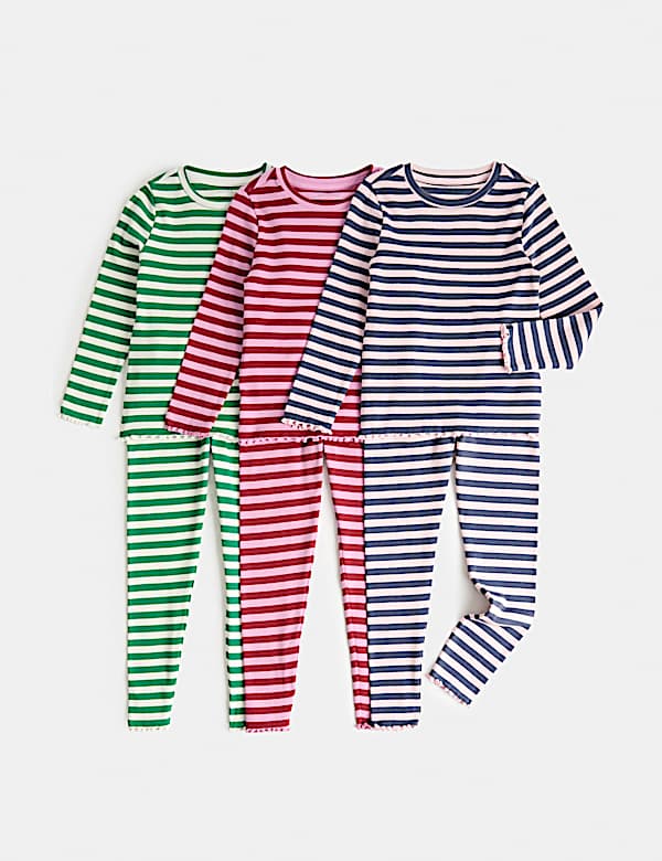 3 Pack Cotton Rich Ribbed Striped Pyjama Sets (1-8 Yrs)