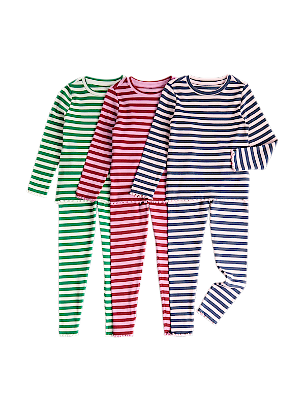 3 Pack Cotton Rich Ribbed Striped Pyjama Sets (1-8 Yrs)