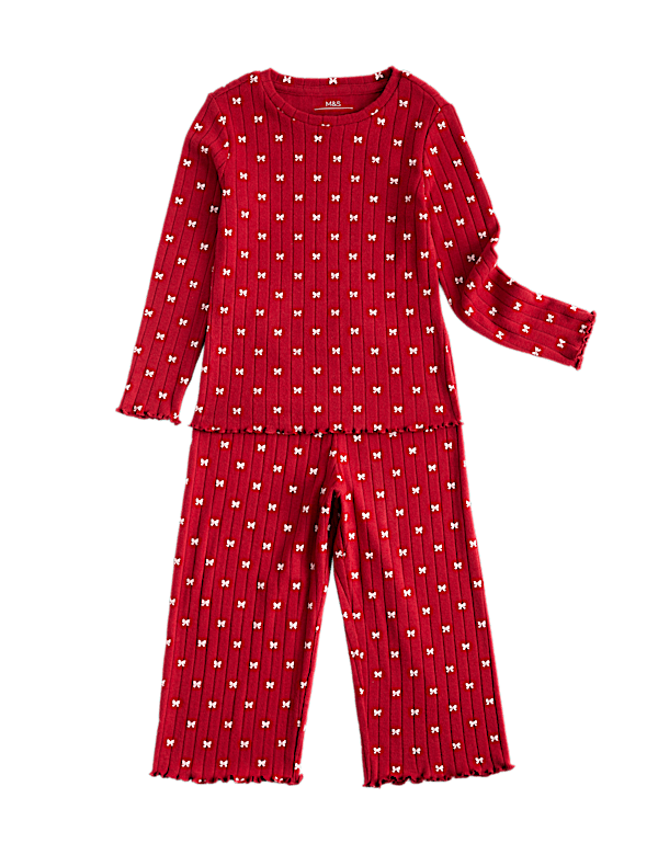 Heart Print Ribbed Long Sleeve Pyjama Set