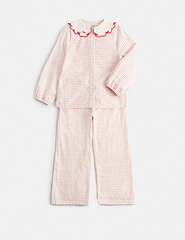 Pure Cotton Frill Collar Checked Pyjama Set (1-8 Yrs) - RS
