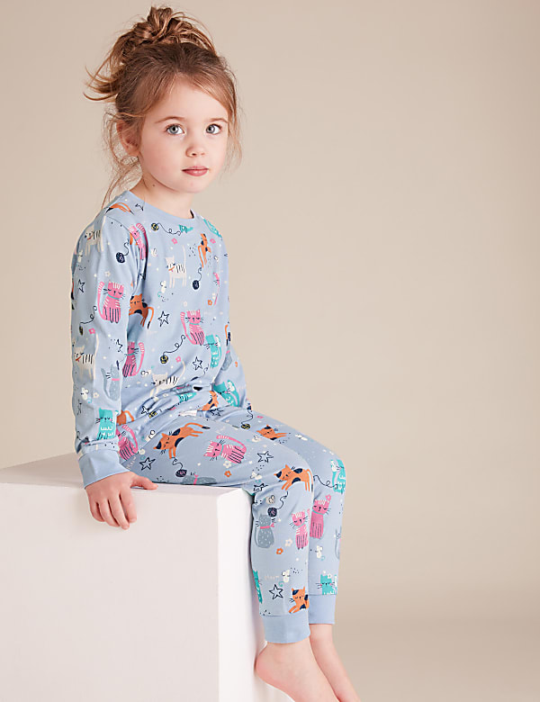 2pk Pure Cotton Cat Pyjama Sets (1-7 Yrs)