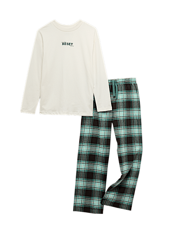 Pure Cotton Reset Slogan Checked Pyjamas (6-16 Yrs)