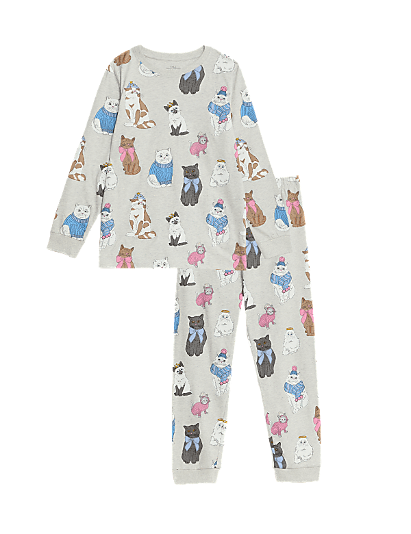 Pure Cotton Christmas Cat Pyjamas (6-16 Yrs)