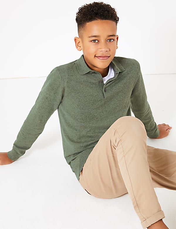 Cotton Rich Knitted Long Sleeve Polo Shirt