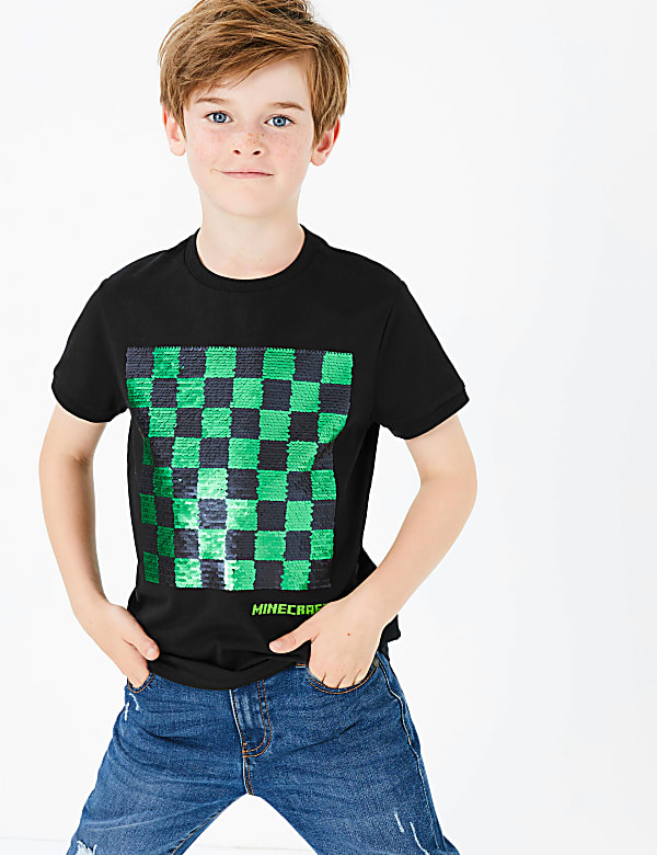 Pure Cotton Sequin Minecraft Print T-Shirt (3-16 Years)