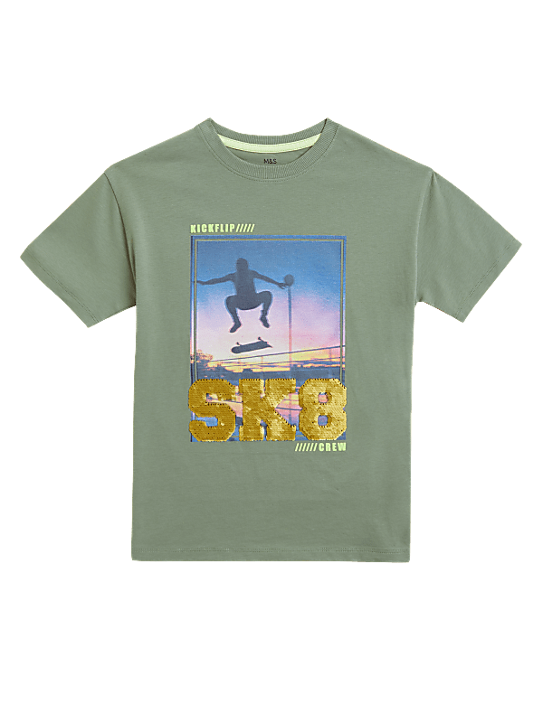 Pure Cotton Skate Print Sequin T-Shirt (6-16 Yrs)