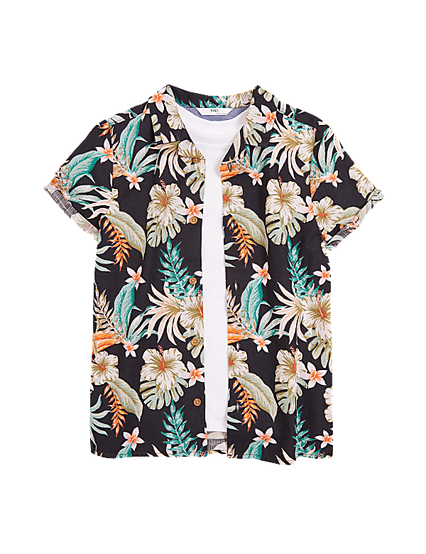 2pc Pure Cotton Floral Shirt & T-Shirt Set