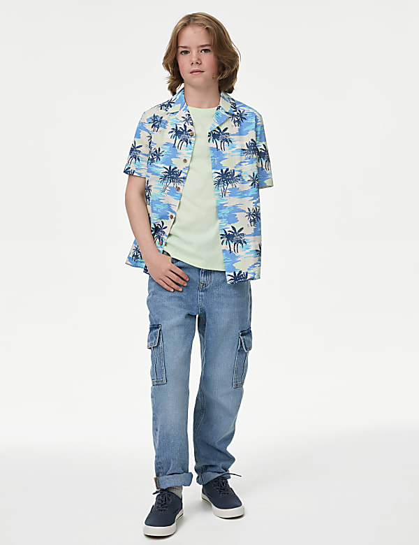 2pc Pure Cotton Palm Print Shirt & T-Shirt Set (6-16 Yrs)