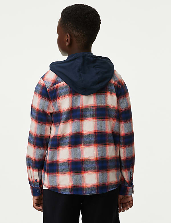 Pure Cotton Checked Hooded Shirt & T-Shirt Set (6-16 Yrs)