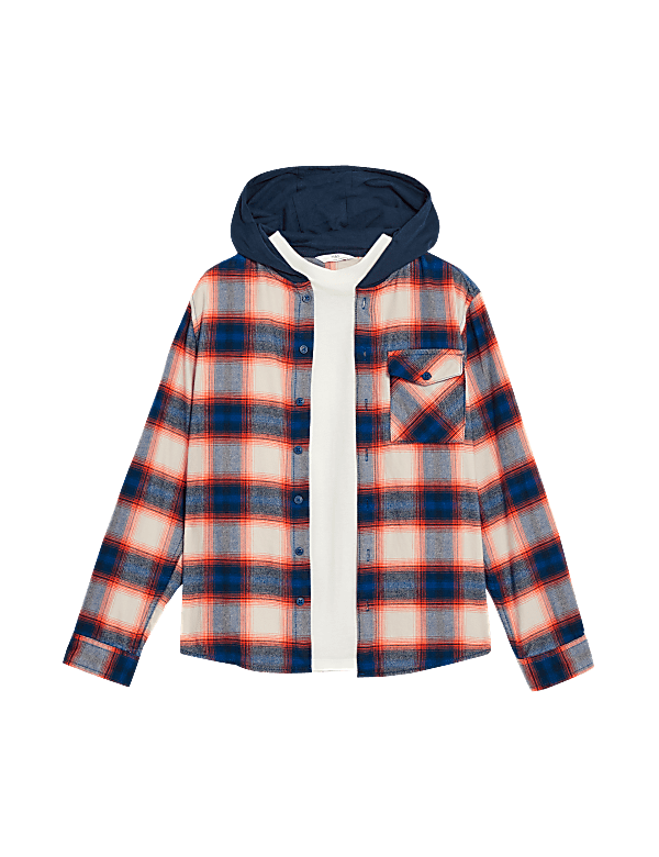 Pure Cotton Checked Hooded Shirt & T-Shirt Set (6-16 Yrs)