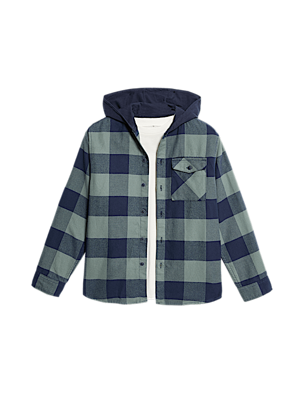 Pure Cotton Checked Hooded Shirt & T-Shirt Set (6-16 Yrs)