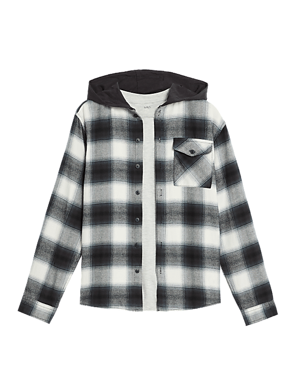 Pure Cotton Checked Hooded Shirt & T-Shirt Set (6-16 Yrs)