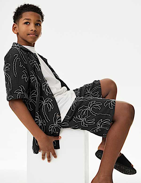 Pure Cotton Textured Palm Tree Shorts (2-16 Yrs)