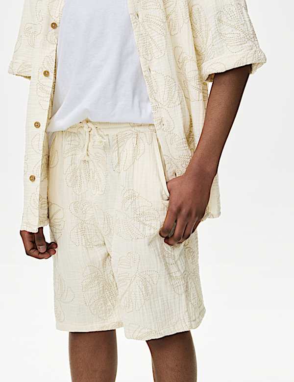Pure Cotton Textured Palm Tree Shorts (2-16 Yrs)